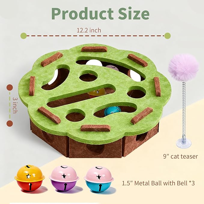 Interactive Cat Puzzle Toy for Indoor Cats, Felt Cat Puzzle Feeder Box with 3 Metal Balls and Wand. Cat Scratch Puzzle Enrichment Box for Self-Play & Encourages Hunting Instincts.