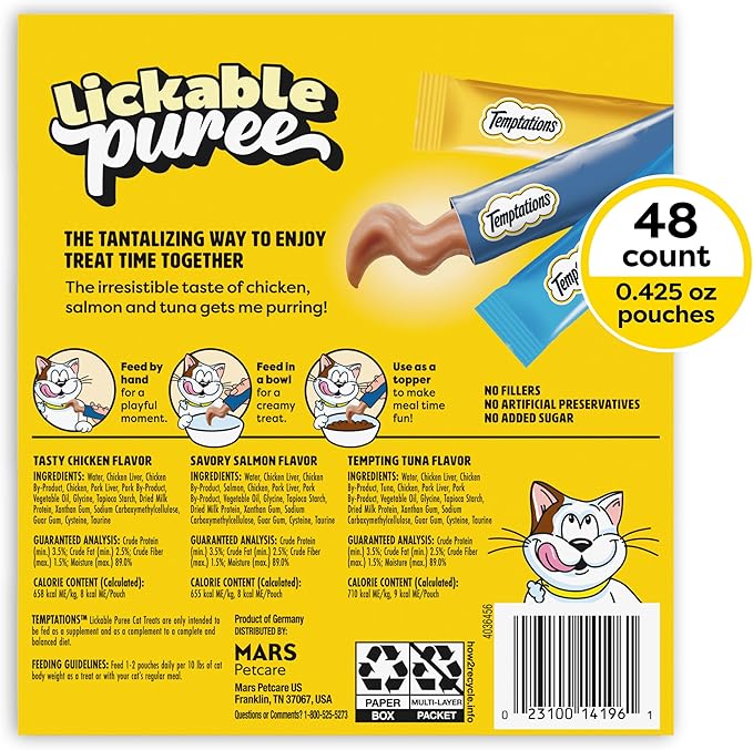 Temptations Creamy Puree Squeezable Lickable Cat Treats, Wet Cat Treats with Chicken, Salmon, and Tuna Variety Pack, 0.42 oz. Tubes, 24 Count, Pack of 2 (48 Total)