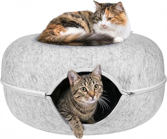 Cat Cave Bed Tunnel Donut – Peekaboo Felt Hideaway for Indoor Large Cats up to 45 lb – Detachable Washable Scratch-Resistant – Multi-Cat & Kittens, Grey