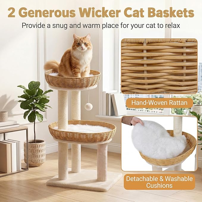 Tangkula Modern Cat Tree, 30 Inch Small Cat Tower with 2 Rattan Cat Baskets, Sisal Scratching Posts, Hanging Ball, 2 Large Nest Cat Beds with Removable & Washable Plush Cushions for Indoor Kittens