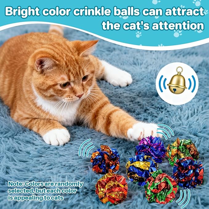 Multicolor Crinkle Balls for Cats – 10 Pcs RAINFLOW Durable Bulk Mylar Cat Crinkle Toy Balls Indoor Cat Toy Ball Stress-Relief for Kittens, Adult Cats, Multi-Cat Homes Indoor Play,Loud & Crunchy