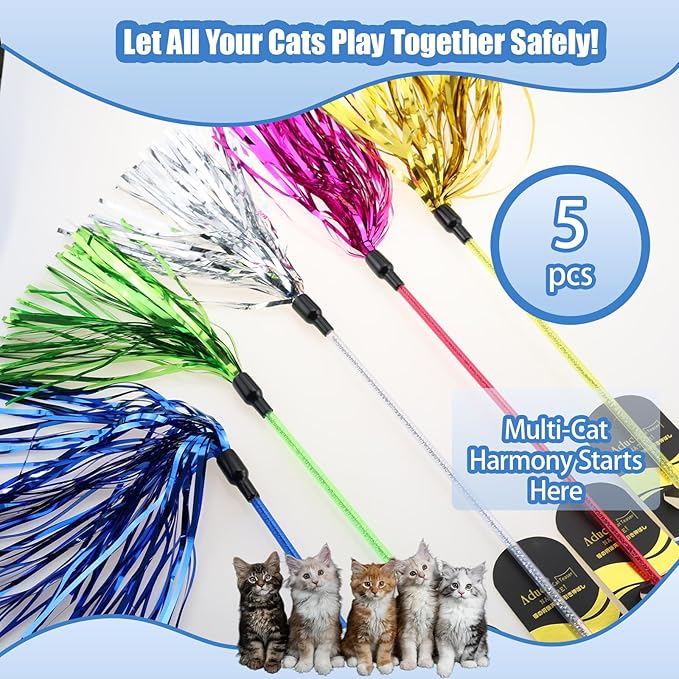 ADUCK 5 Pack Cat Wand Toy for Indoor Cats, 22-Inch Interactive Tassel Teaser Kitten Toy for Exercise and Play, Durable PE Wand Chaser Without Loose Parts (Gold, Pink, Blue, Silver, Green)