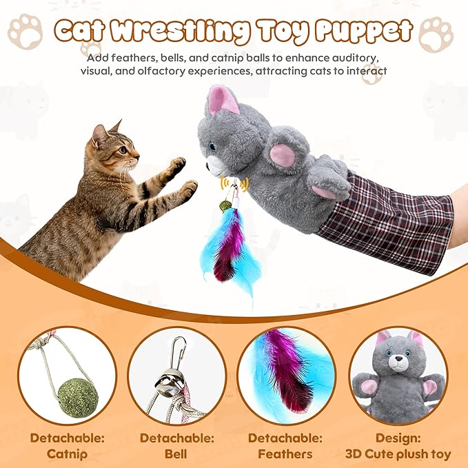 Homrich Cat Wrestling Glove Toy - Interactive Scratch-Resistant Cats Puppet Wrestler with Catnip, Thickened Sleeve for Pet Safe Fun Play