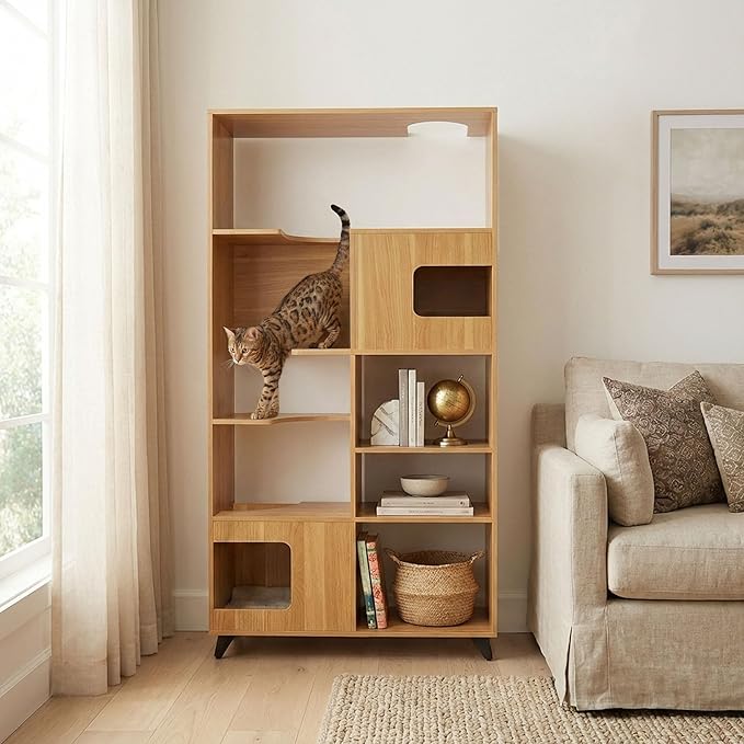4 Cats & Dogs Clifford Cat Tree Bookshelf – Modern Pet Condo with Climbable Shelves, Multi-Level Tower, Indoor Dog Furniture, Space-Saving Bookshelf & Pet Nooks, 69”H x 36”L x 15”D (Oak)