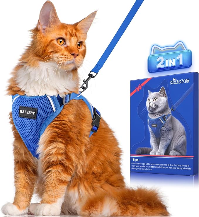 Halypet Cat Harness and Leash Set [ MAX Safety Third Generation ] Escape Proof Soft Adjustable Cat Leash Breathable Comfortable Vest Easy to Wear Kitten Harness for Outdoor Walking