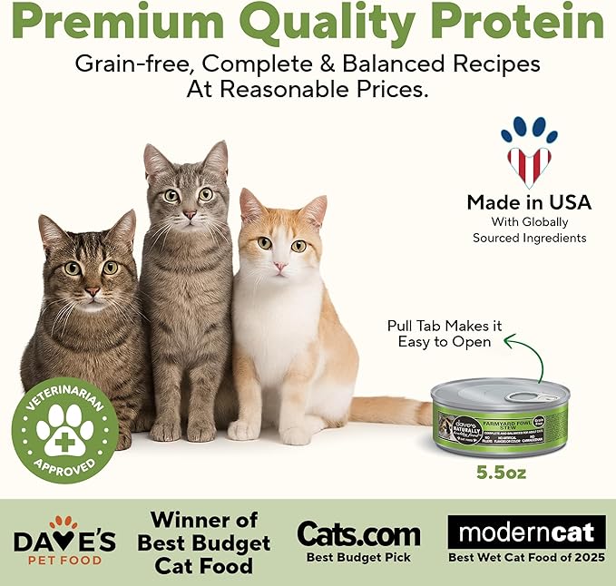 Dave's Pet Food Grain Free Wet Cat Food (Farmyard Fowl, Chicken & Duck), Made in USA Naturally Healthy Canned, Added Vitamins & Minerals, 5.5 oz Cans (24 Pack)