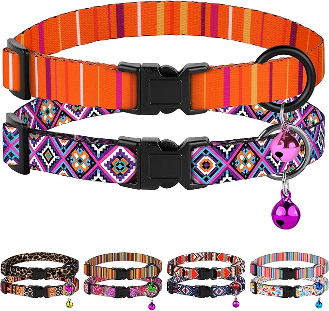 2 Pack Cat Collars with Bell - Breakaway Soft Collar for Girl & Boy Cats, Adjustable Safety Cute Kitten Collars – Comfortable Stylish Patterned Print Design Lightweight (Aztec + Serape)