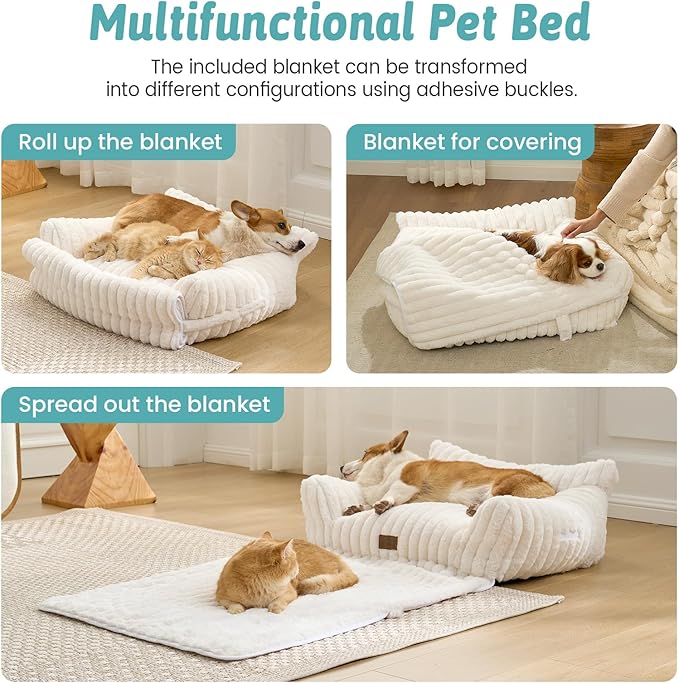 COZY KISS Cute Cat Bed with Removable Cover, Multifunctional Plush Faux Fur Pet Couch Bed with Blanket, Ultra-Soft Pet Furniture for Cats & Small Dogs (Cream, S: 25''x18'')