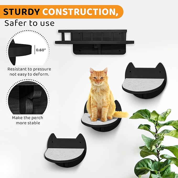 Cat Wall Shelves – 3 Steps Climbing Furniture & Perch for Indoor Cats up to 30lbs, Wooden Floating Shelf with Non-Slip Pad Bed, Modern Corner & Wall Mounted for Playing and Lounging - Black