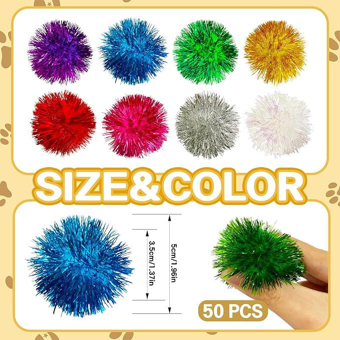 50 Pcs Cat Pom Pom Balls,2 Inch Large Assorted Color Cat Toy Balls,Sparkle Ball for Indoor Cats,Interactive Glitter Cat Toys for Exercise and Entertainment
