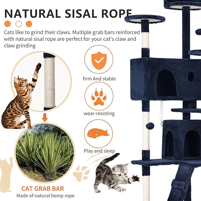 70 Inch Cat Tree Tower - Multi-Level Kitten Condo with Scratching Post, Plush Perch, Dangling Ball - Heavy Duty for Large Cats - Navy Blue