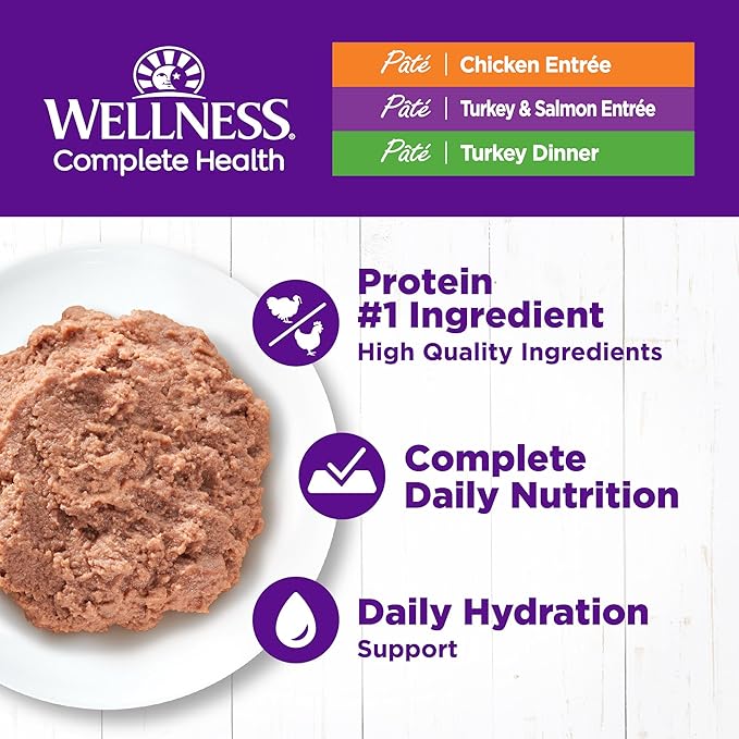 Wellness Complete Health Pate Variety Pack Adult Canned Wet Cat Food, Natural, Protein Rich, Grain Free, Chicken and Turkey Favorites, 3 oz, Pack of 12 Cans