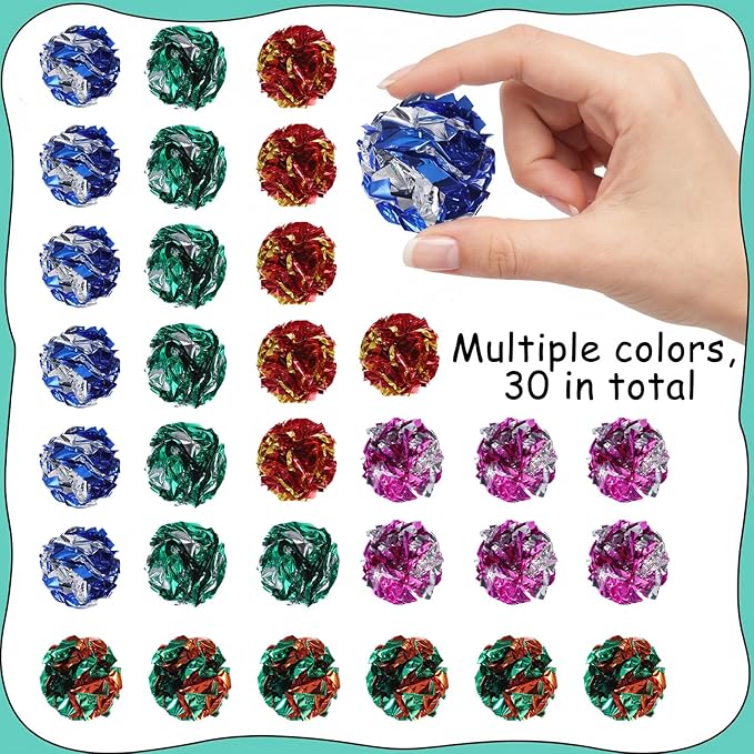 30 PCS Cat Crinkle Balls, Crinkle Cats Toy, 2.36" Interactive Crinkle-Ball, Colorful Cats Toy, Colorful Chew and Training Activity Cat Toys for Indoor