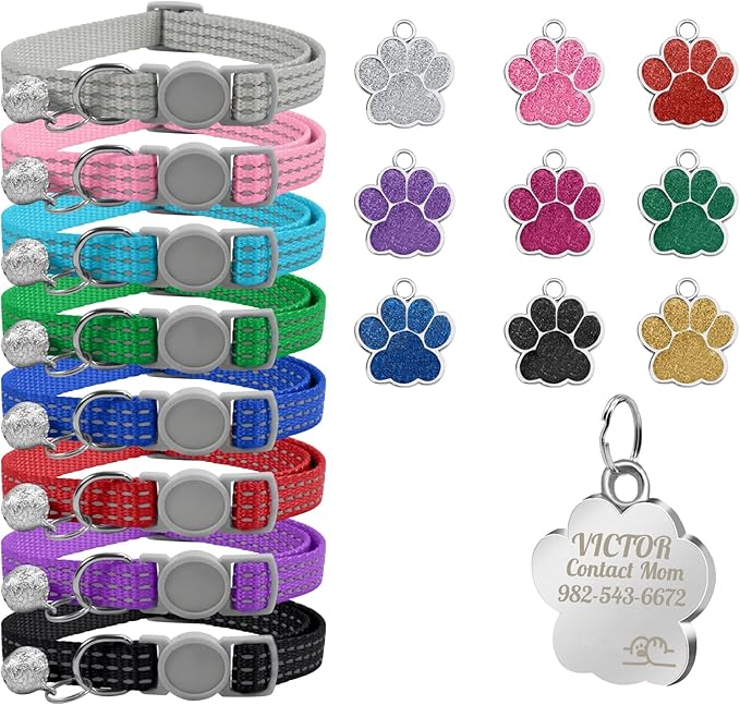 CAMAL Reflective Cat Collar with Name Tag, Personalized Cat Collar Breakaway with Bell, Customized Cat Collar Adjustable for Girls & Boys