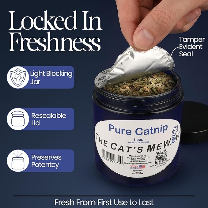 The Cat's MeWow 100% Pure Catnip – North American Grown – Strong Aroma for Play & Enrichment – Resealable Freshness Jar – Veteran-Owned Brand