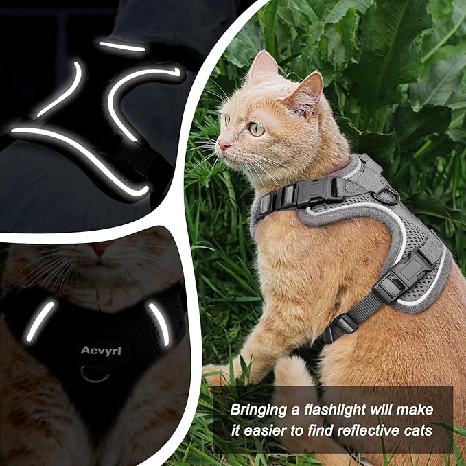 Cat Harness and Leash Set for Walking Escape Proof, Adjustable Soft Kittens Vest with Reflective Strip for Cats, Comfortable Outdoor Vest, Cat Car Leash, Grey, M
