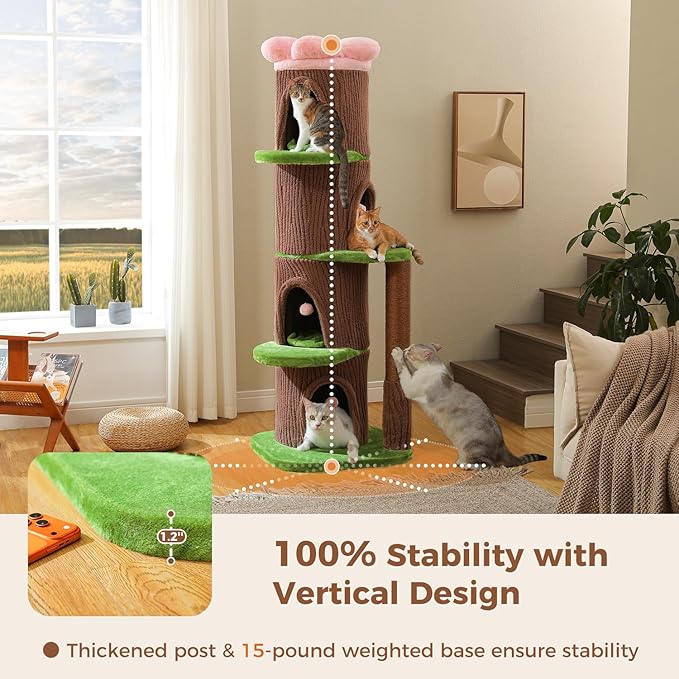 MUTTROS Forest Cat Tree Tower with 4 Condos, 68.5" Tall Cat Tower with Flower Top Bed & Thick Scratching Post (φ3.8in) – Large Heavy Duty Tree that Looks Like a Tree for Indoor & Multi-Cat Households
