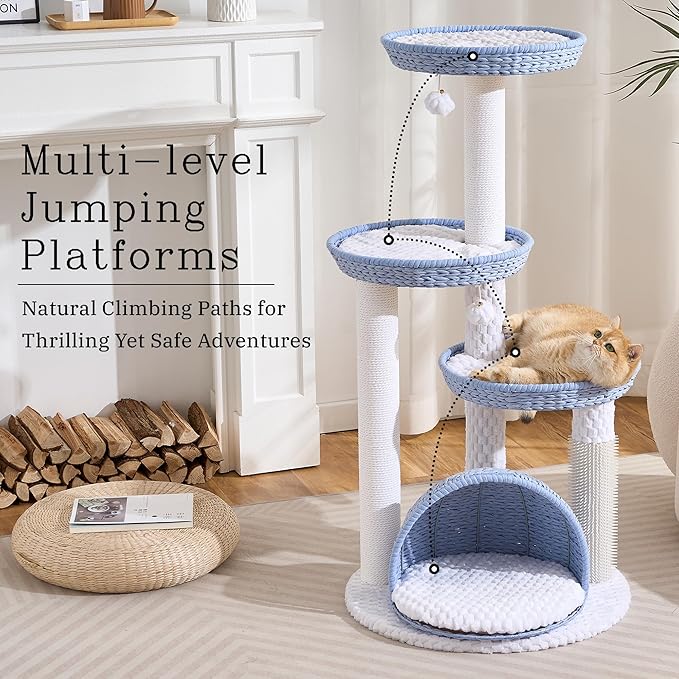 Wood Modern Cat Tree for Large Cat, 46" Tall Cat Tower with Scratching Posts, Cat Condo, Aesthetic Multi-Level Cat Climbing Tree with Hand-Woven Bed for Adult Indoor Cats-Blue