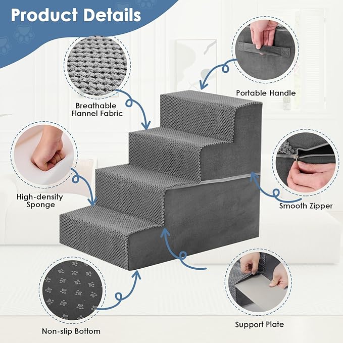 DUMOS Dog Stairs for Small and Medium Dogs, 4-Step Pet Steps with High-Density Foam, Indoor Non-Slip Pet Ramp for Puppy and Older Dogs Cats, Dog Bed Stairs for Couch and Sofa(Grey)