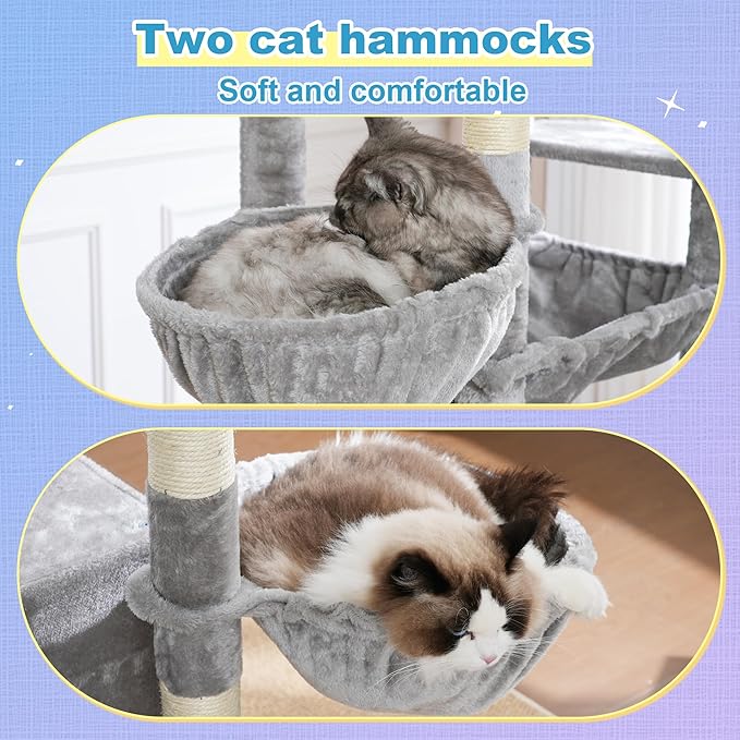 Hey-brother Cat Tree Tower, Scratching Posts with Extra Large Platform and Basket, Specious Condo, 2 Cozy Hammocks, Scratch Board for Indoor Adult Cats, Maine Coon 71.7 inches, Light Gray MPJ080W