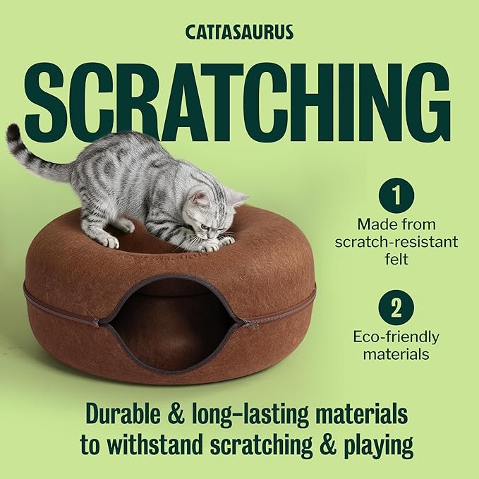 Cattasaurus Peekaboo Cat Cave Donut for Multiple & Large Cats up to 30-45 lbs, 3-in-1 Self Warming Cat Bed, Tunnel & Scratcher for Indoor Cats, Washable & Detachable Small Dog Bed (Brown, Large)