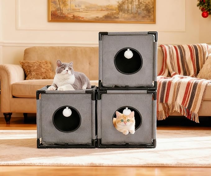 2-Story Cat House for Indoor Cats - Large Cat Cave Bed with Soft Velvet Pad and Fluffy Ball，Stable and Easy to Assemble Kitty Fort, Muti-Functional Cat Condo， Grey
