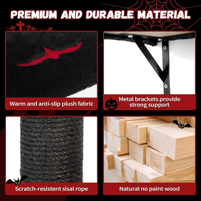 5 Pcs Wall-Mounted Climber Set, Wood Indoor with Shelves and Perches, Ladder, Condo House, Scratching Board and Tree, Wall Shelves Furniture for Cats (Black&Red)