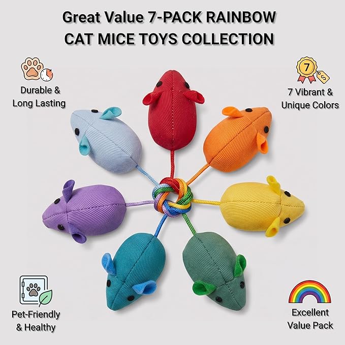 Happi N Pets 7 Pack Catnip Toy Mouse, Colorful Rainbow Cat Mouse Toy for Indoor Cats, Durable Poly Twill Interactive Kitten Toys for Bored Adult Cats, Soft Stuffed Chew Mice