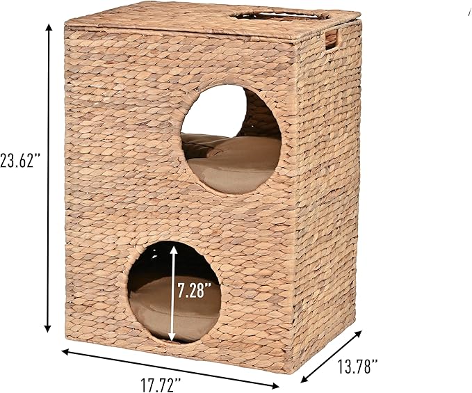 CHS1000A Jaxon 18" Modern Classic 2-Tier Handwoven Hyacinth Rectangular 5-Hole Cat Condo with 2 Machine-Washable Cushions, Natural