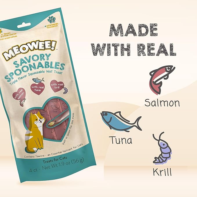 MEOWEE! Savory Spoonables with Real Salmon, Tuna and Krill for Cats, 4 Count, Treat Your Cat to Triple Flavor Squeezable Lickable Wet Treats with Built-in Spoon for Less Mess (Pack of 2)