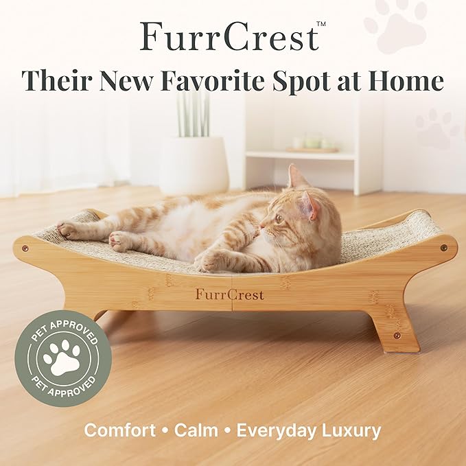 XL Sisal Cat Scratcher Bed with Elevated Hammock for Indoor Cats, Replaceable Natural Sisal Pad, Large Cat Lounge, Anti-Slip No-Wobble Bamboo Frame, Grey Chevron.