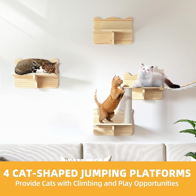Cat Wall Shelves, Cat Shelves and Perches for Wall, Set of 9 Wooden Cats Shelf Furniture with Scratching Post, House, Condo, Bridge Ladder for Multiple Cats