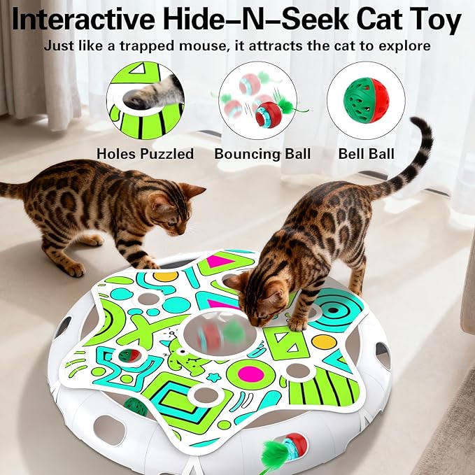 Sofolor Interactive Cat Toy Playset, Hide and Seek Toy with Motion Activate Cat Ball, 2 Kitten Toys Bell Ball, Exercise Toys for Indoor Bored Adult Cats