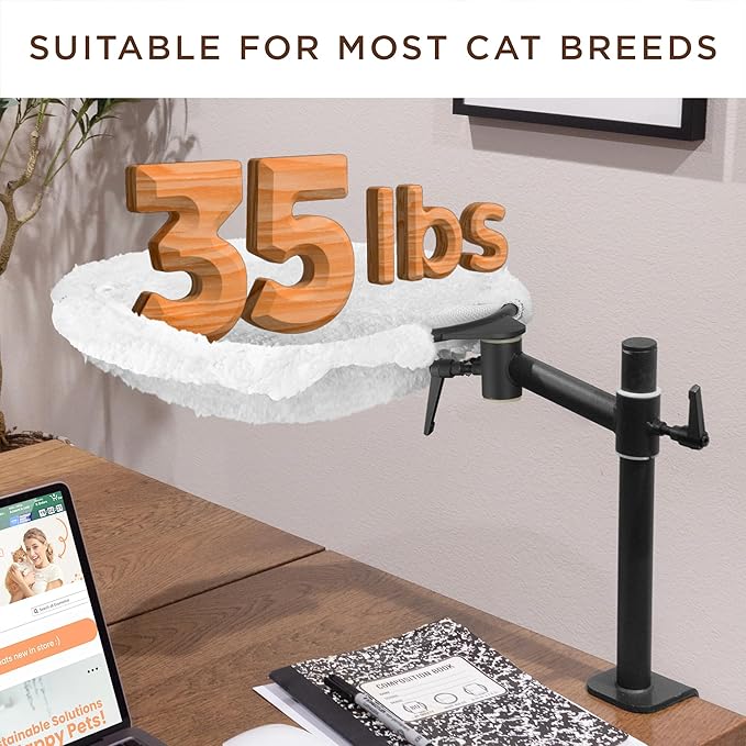 Deskside Dreamer - Cat Desk Perch, [+ Catnip Fish Toy], Comes with [2 Washable Fabrics]: Mesh and Plush, 360° Rotating & Height Adjustable [White]. Max Weight 35LBS