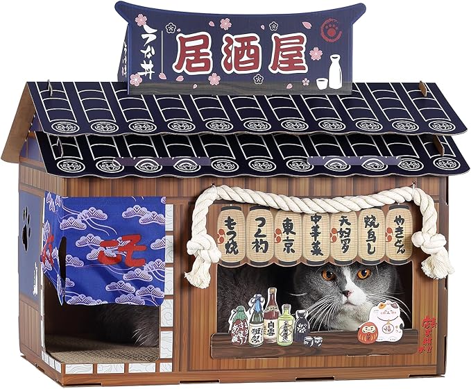 Cardboard Cat House with Scratcher – Japanese Izakaya Style, 22" L×15" W×19" H, Indoor Cat Playhouse & Hideout, Corrugated Cat Scratch Toy for Cats up to 33 lbs, Small Pets, Cute Home Decor Gift