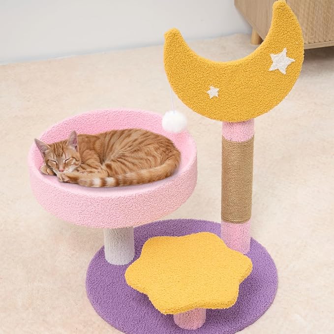 Small Cat Tree, Moon Star Cat Tree Built-in Scratching Post and Bed, 23.5 in Purple Pink Cute Kitten Tower Cozy Fluffy Kitten Condo for Indoor Activity