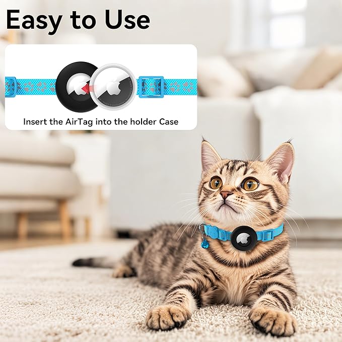 Meliya Airtag Cat Collar Breakaway with Bell, Adjustable Reflective Pet Kitten Collar with Apple Air Tag Holder Case for Girl Boy Cats (Footprints Blue)