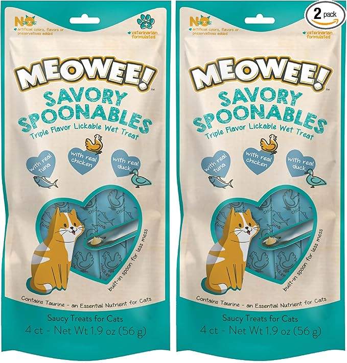MEOWEE! Savory Spoonables with Real Tuna, Chicken & Duck, 4 Count Tube, Triple Flavor Squeezable Lickable Wet Treats for Cats with Built-in Spoon for Less Mess (Pack of 2)