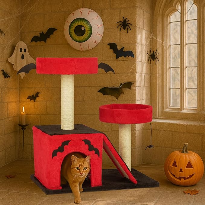 26" Gothic Cat Tree, Cat Tower with Spacious Cat Condo, 2 Padded Perches, Spider Toy, Scratching Posts, Scratching Ladder for Large Cats, Red & Black (60 * 40 * 66CM)