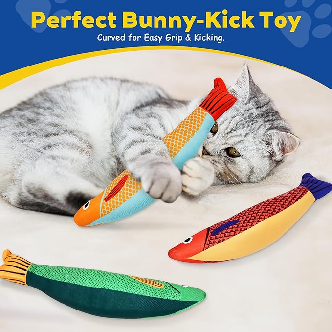 3D Realistic Catnip Cat Toys 3 Pack, Durable Catnip Fish Kicker Toy for Indoor Cats, Interactive Cat Chew Toy for Teething & Biting, Rattle Fish Toy