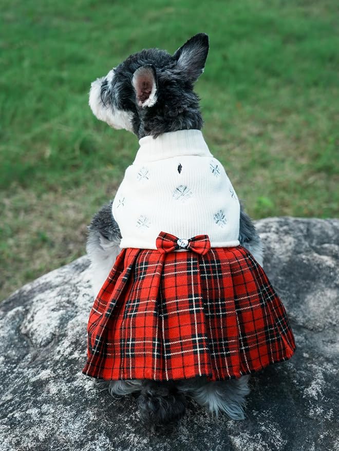 Lanyarco White Embroidery Snowflake Ugly Vintage Knit Reindeer Holiday Festive Christmas Dog Sweater Dress for Small Dogs, Small (S) Back Length 12"