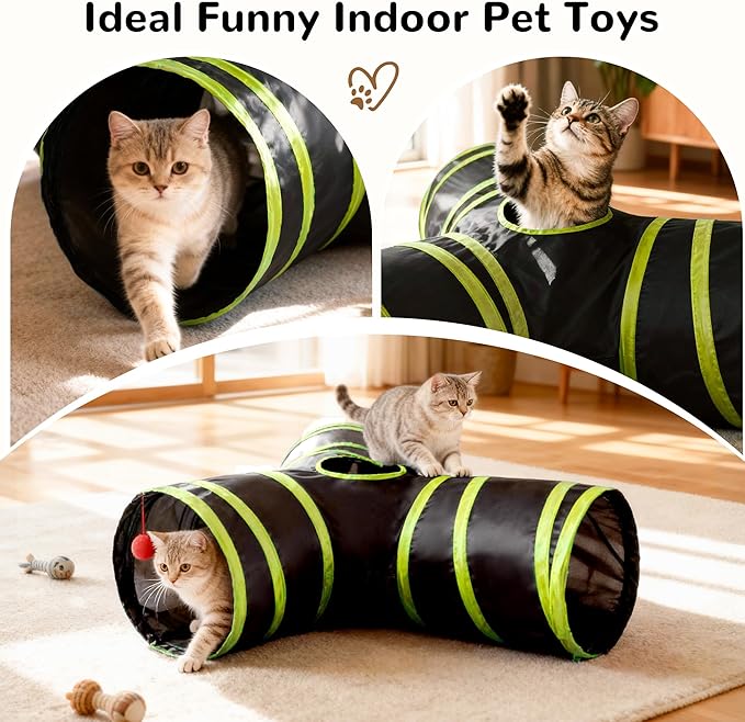 Tempcore Cat Tunnel for Indoor Cats, 3-Way Collapsible Play Tunnel with Teaser Wand, Peek Holes & Toy Ball, Small Pet Toy for Kittens & Rabbits, Black & Yellow