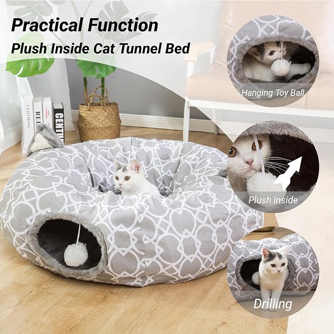 Geometric Cat Tunnel Bed Under Christmas Tree Oxford Outside with Plush Inside,Cats Toys Collapsible Tunnel Tube with Balls, for Rabbits, Kittens, Ferrets,Puppy 3FT