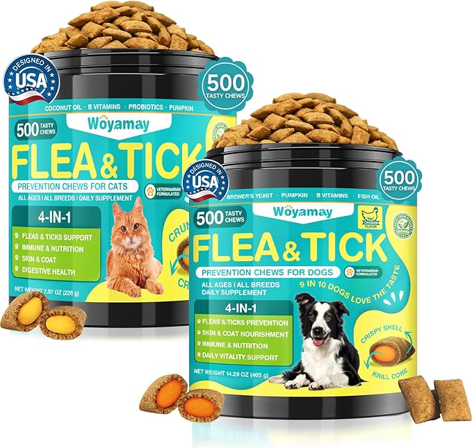 Woyamay Cat & Dog Flea and Tick Prevention Bundle, 500 Crunchy Dual-Texture Chews Each, Natural 4-in-1 Flea Defense with Skin, Coat, Gut & Immune Support, Oral Daily Flea Treatment for Cats & Dogs