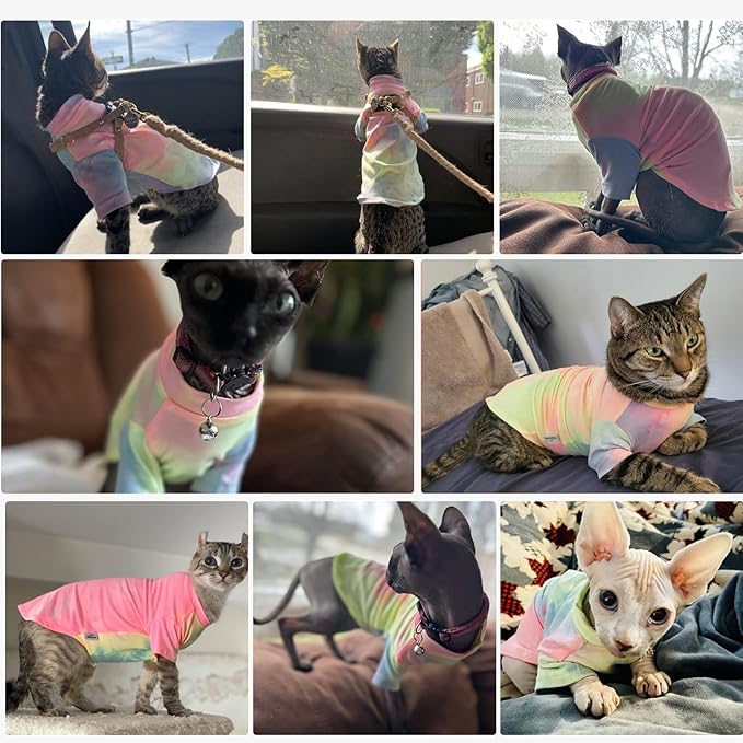 QBLEEV Sphynx Cat Clothes, Hairless Cats Rainbow Rendering T-Shirt for Spring Summer Autumn, Breathable Cat Wear Clothes Vest Shirts for Sphynx, Cornish Rex, Devon Rex, Peterbald