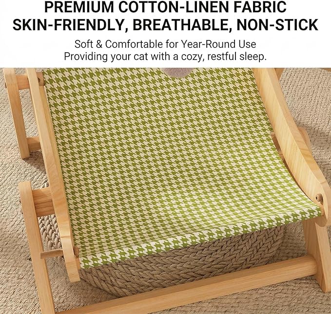 Cat Hammock Bed with Summer Linen & Winter Plush Dual Mats, Hanging Toy, Sturdy Wood Frame for Indoor Cats Small Dogs, 21.6" L x 18.9" W x 23.6" H