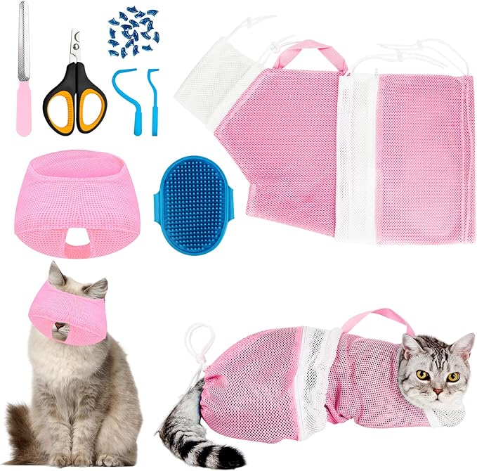 Cat Bathing Bag Adjustable Cat Grooming Net Bag Anti-bite & Anti-Scratch Cat Bath Washing Restraint Bag, Breathable Mesh Cat Grooming Bag for Shower, Nail Trimming, Injection