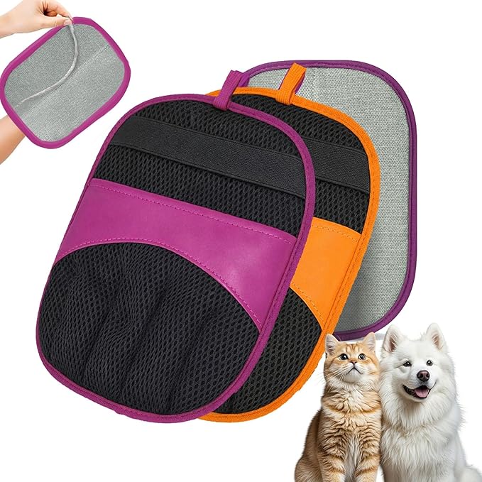 2 Pack Magic Brush Glove Pet Hair Electrostatic Premium Pet Hair Remover Glove for Dogs & Cats Upgraded Reusable Grooming Mitt, Gentle Deshedding Brush for Shedding Easy Clean & Durable(Purple/Yellow)