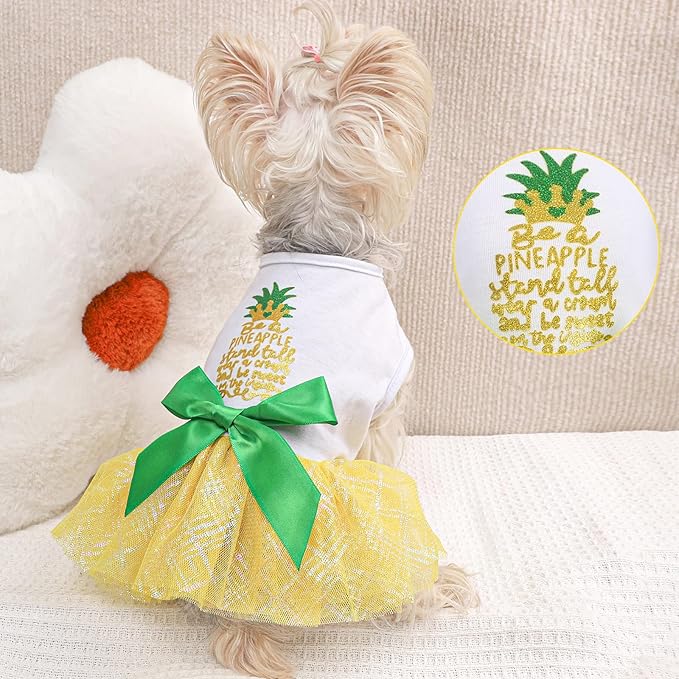 Dog Clothes Summer Dog Dresses for Small Medium Dogs Girl Pineapple Mesh Dress Dog Outfit, Summer Tutu Dog Dresses Cat Apparel, Cute Pet Puppy Clothing Doggie Outfits, Small, Yellow