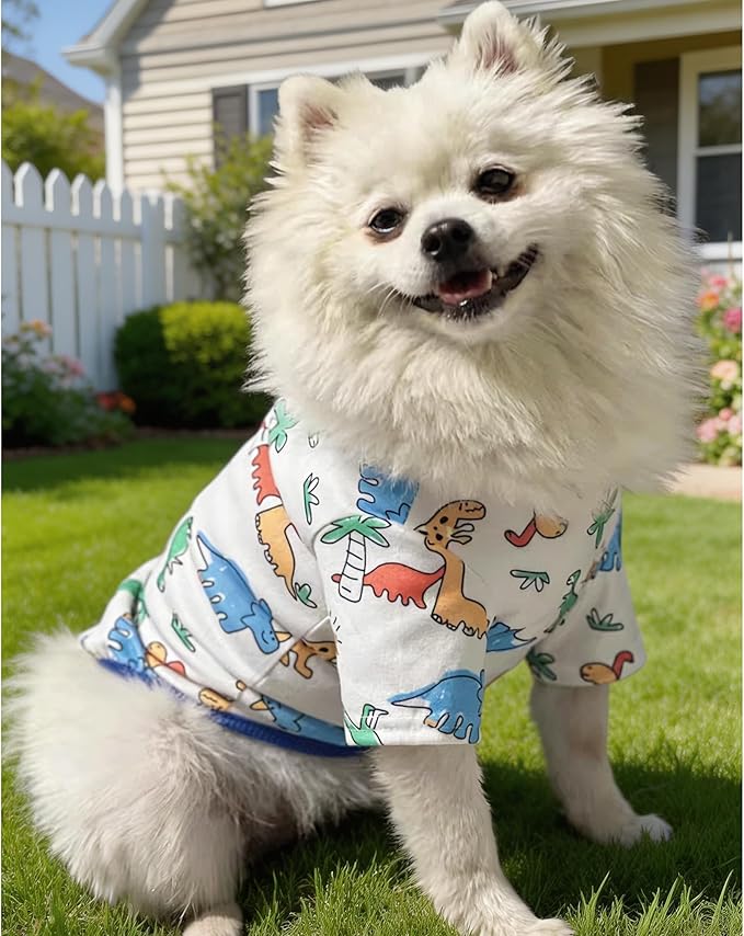 Cute Dog Shirt, Stretchy Dino Doggie T-Shirt Clothes for Small Dogs, Soft Pet Tee Outfit Cat Apparel for Daily Wear, Cozy Pullover Design Puppy Apperal (Dino Cartoon, Small Size for 3.3-5.5lb Pets)